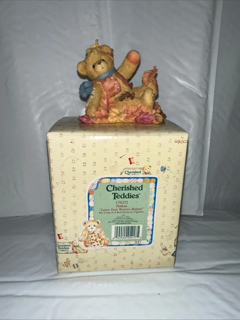Cherished Teddies Yellow Bear Figurine with Pink and Blue Accents